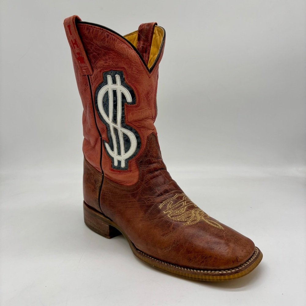 Brown Leather Cowboy Boots with Dollar Sign Design